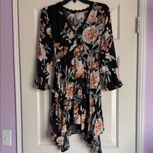 American Rag Floral Black Teal Peach Lace Trim Top